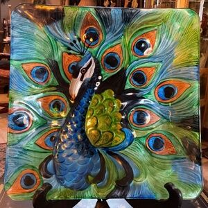 Peacock Art Glass Serving Platter Tray Square 12” Blue Green Copper Colors Heavy